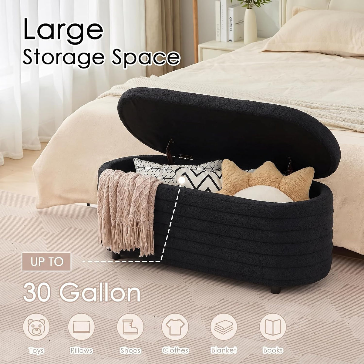 Storage Ottoman Bench Upholstered Fabric Storage Bench End of Bed Stool with Safety Hinge for Bedroom, Living Room, Entryway (45.5-inch, Black)