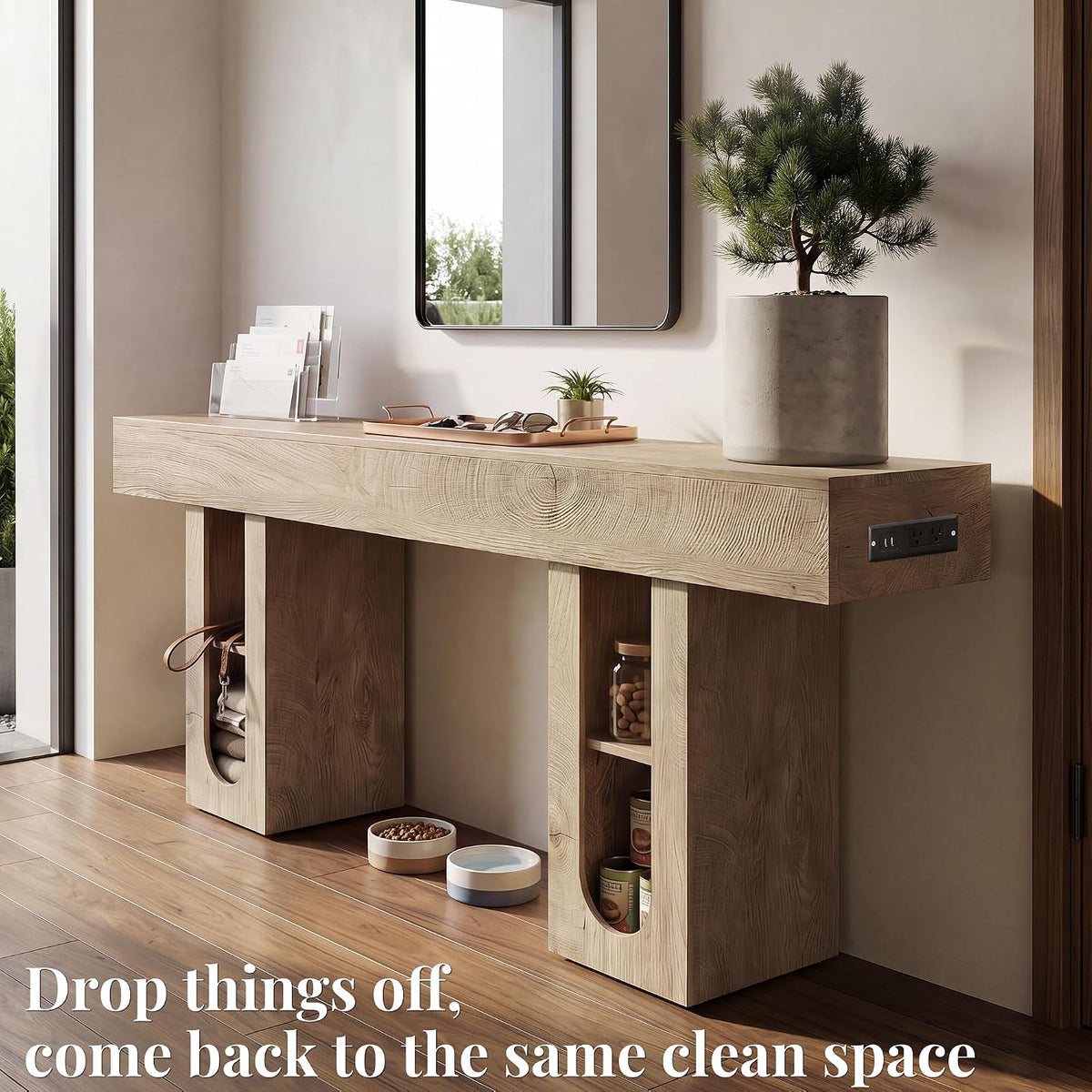 63 Inch Entryway Console Table with Power Outlets & Storage, Oak | Wooden Behind Couch Table, Farmhouse, Adjustable Shelves, 300LB Load, 5.9" Thick Top, MDF, Anti-Tip, Zero Wobble, Entrance