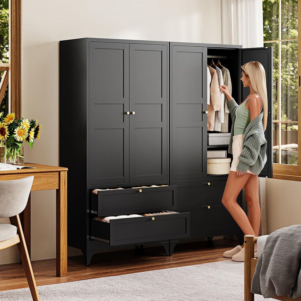 Letaya Metal Armoire Wardrobe Closet with Drawers,Clothing Storage Cabinet with Doors and Shelves,Coat Closet with Hanging Rod,Bedroom,Home,Cloak Room,Black-71 H x 32" W x 18" D