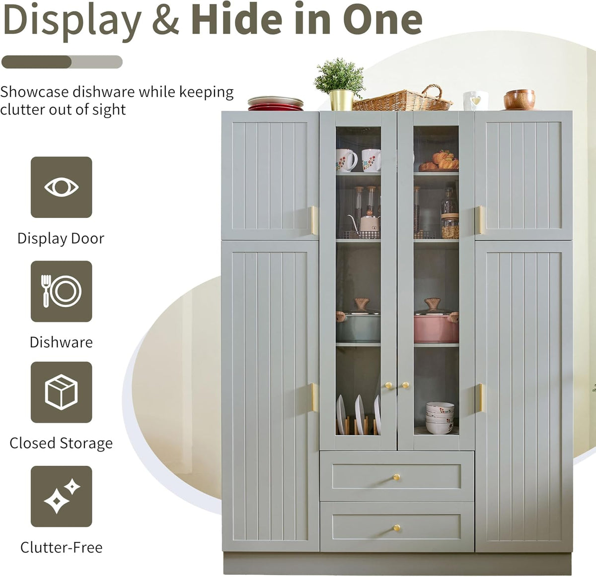 71" H Large Kitchen Pantry with 6 Doors, 53.2" L x 17.7" W Wooden Cupboard with Drawers, Pull-Out Trays, Wine Rack and Adjustable Shelves for Dining Room, Gray-Green