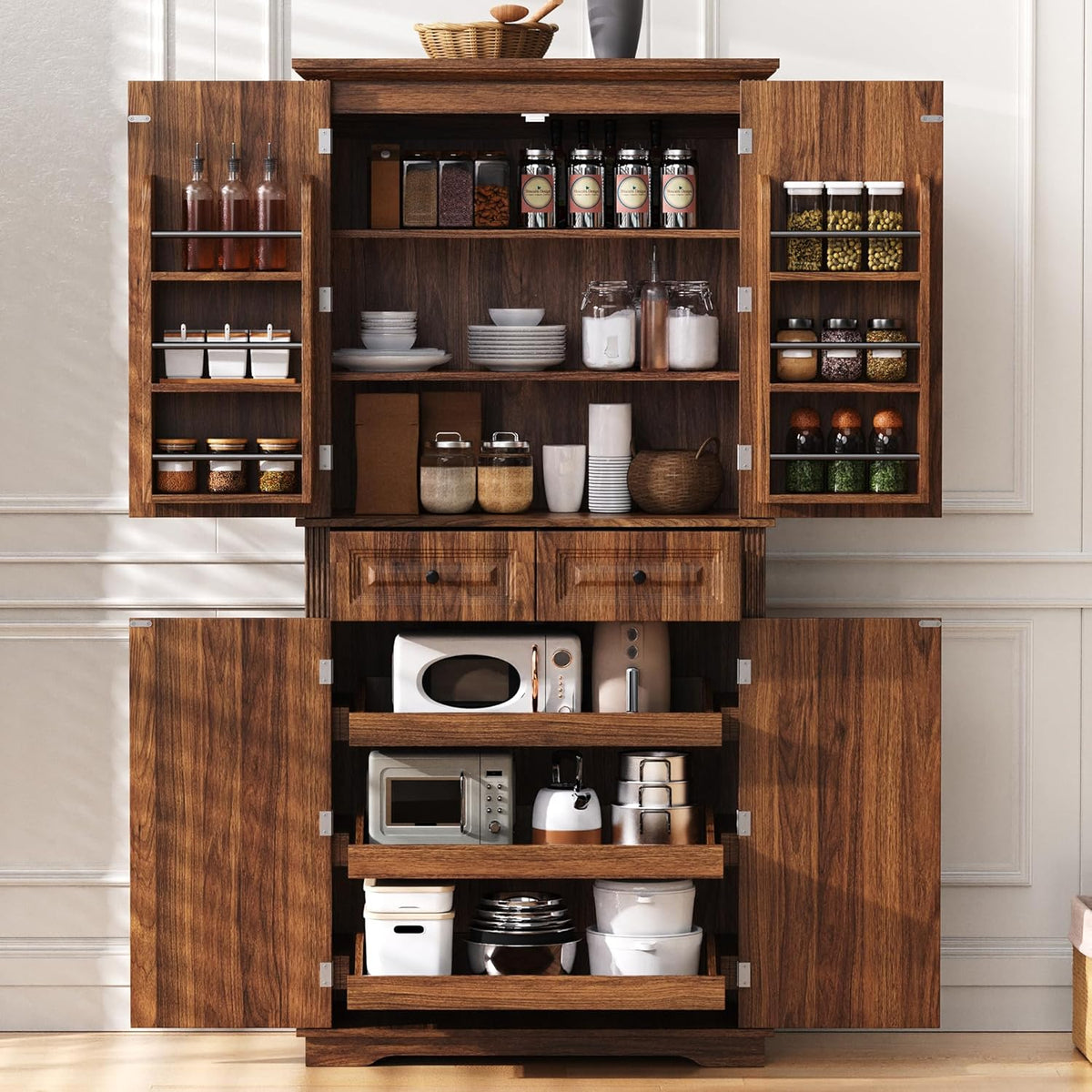 71" Tall Kitchen Pantry Cabinet with 3 Pull-Out Organizers, Farmhouse Storage Cabinet with 6 Door Shelves, 4 Doors, 2 Drawers, Adjustable Shelves for Kitchen, Dining Room (Brown)