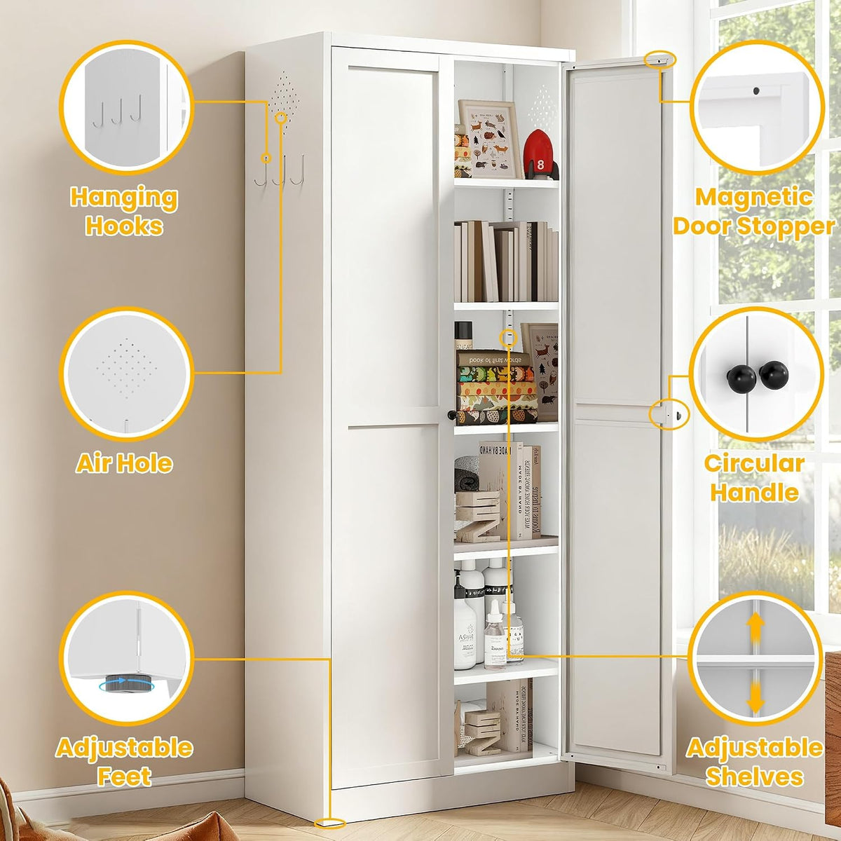 White Kitchen Pantry Cabinet, 72" Tall Metal Storage Cabinet with 2 Door and 5 Adjustable Shelves, Pantry Cabinets for Kitchen Storage, Assemble Required