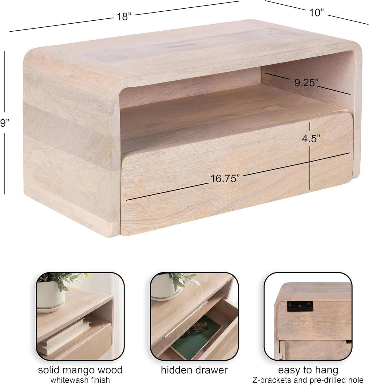 Kate and Laurel Kato Modern Mango Wood Floating Side Table with Drawer, 18 x 10 x 9, Whitewash, Contemporary Wooden Floating Nightstand for Bedroom Bedside Table or Living Room Wall Storage