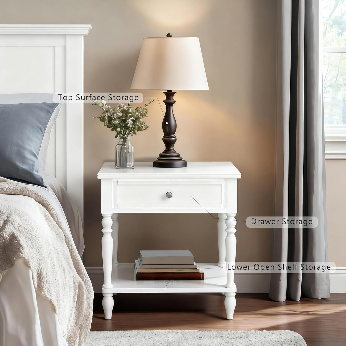 Solid Wood Nightstand with Charging Station, Traditional End Table with Drawers and Open Shelf, Bedside Table with Storage, Modern Side Table for Bedroom Set of 2, White