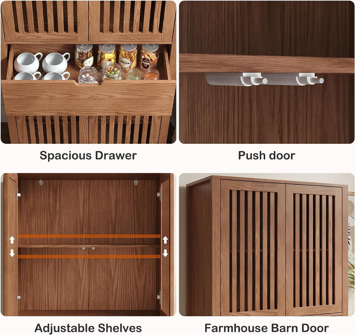 BVIUNTWO Farmhouse Wooden Kitchen Pantry Storage Cabinet, Tall Storage Cupboard with Slatted Doors & Drawer, 68.8" Freestanding Cabinet for Kitchen, Dining Room, Living Room, Brown