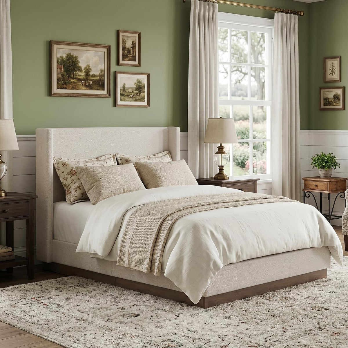 53" Majestic Wingback Bed Frame Queen - Premium Cream White Boucle Upholstered Platform Bed with Gray Oak Wood Base, 1000lbs Heavy Duty, No Box Spring Required（Queen U.S. Standard