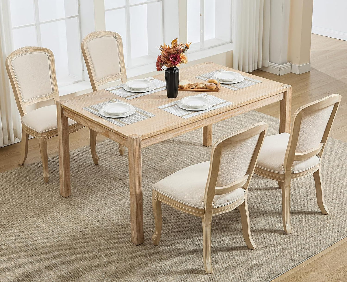chairus French Country Dining Chairs Set of 6, Upholstered Linen Dining Room Chairs with Square Solid Back Natural Carved Leg Farmhouse Accent Side Chairs for Kitchen/Restaurant/Living Room, Cream