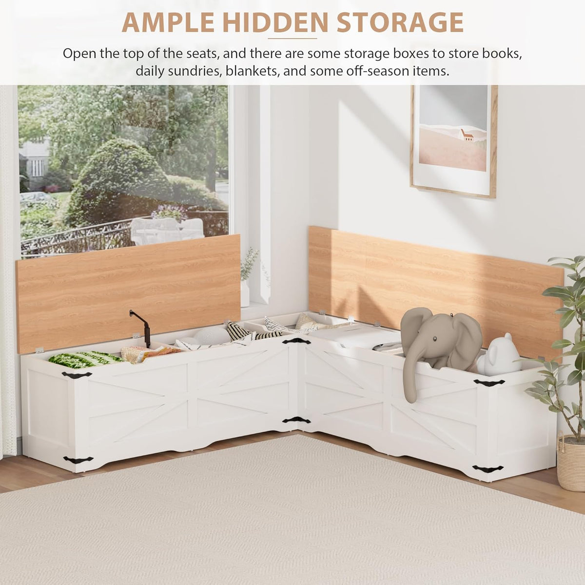 L Shape Kitchen Breakfast Nook Bench, Farmhouse Storage Bench, Backless Corner Dining Bench with Hidden Storage, Flip-Top Storage Compartment Bench for Dining Room, Living Room, Entryway, Cloakroom