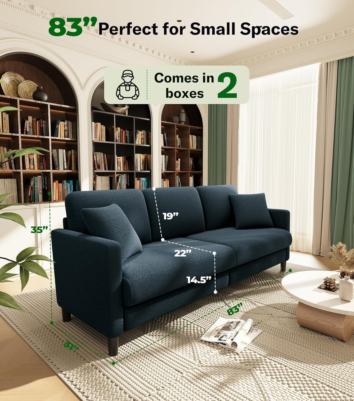 Welzona Couches for Living Room, 83"Teddy Sofa Couch, Sofas for Living Room | Tool-Free Setup Loveseat Sofa, All-Wood Love Seat Couches, 7.5"Spring Seat Cushion, Small Couch Bedroom, 2 Pillows, Blue Grey