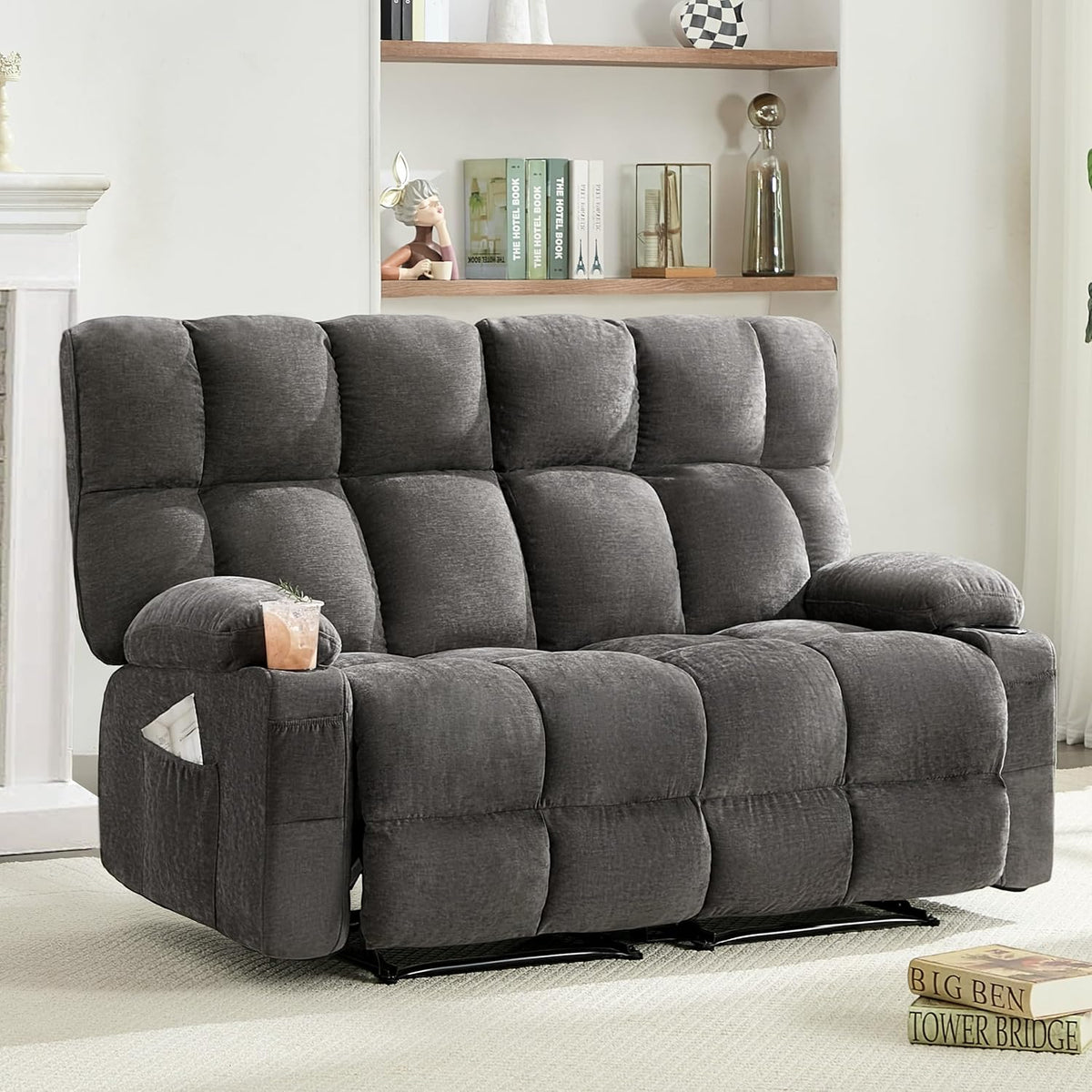Oversized Loveseat Recliner Sofa, Double Recliner, Big Large Reclining Sofa with Cup Holders & Side Pockets, Traditional 2-Seater Manual Recliner Couch for Living Room, RV, Home Theater (Fabric,Grey)