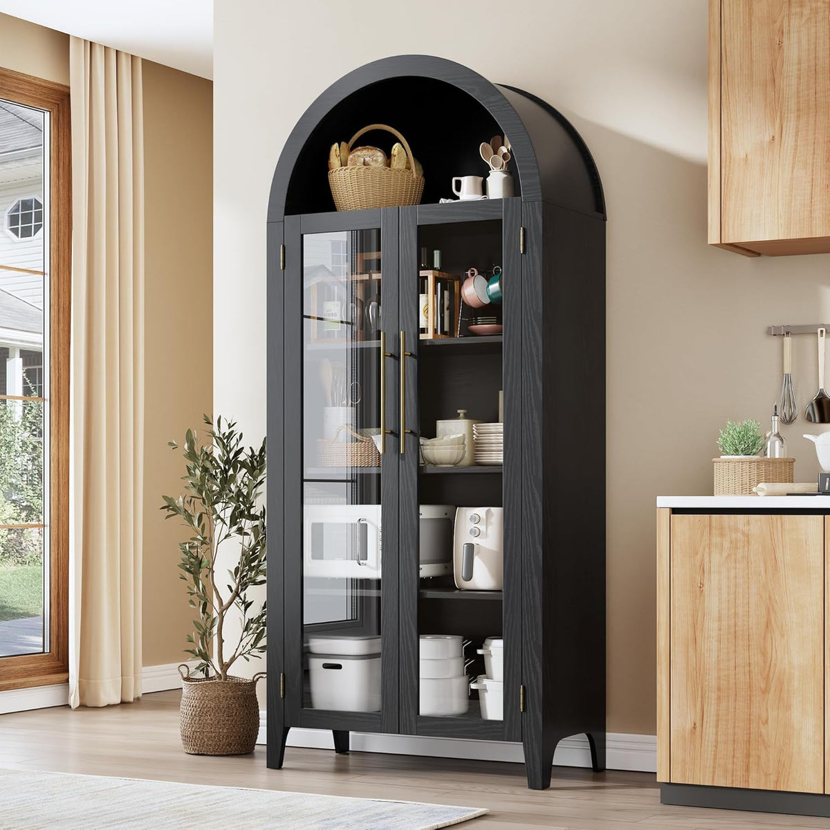 IDEALHOUSE Arched Kitchen Pantry Cabinet with Glass Doors, 5-Tier Farmhouse Display Cabinet with Adjustable Shelves, Versatile Storage Cupboard Organizer for Bathroom, Dining Room, Living Room, Black