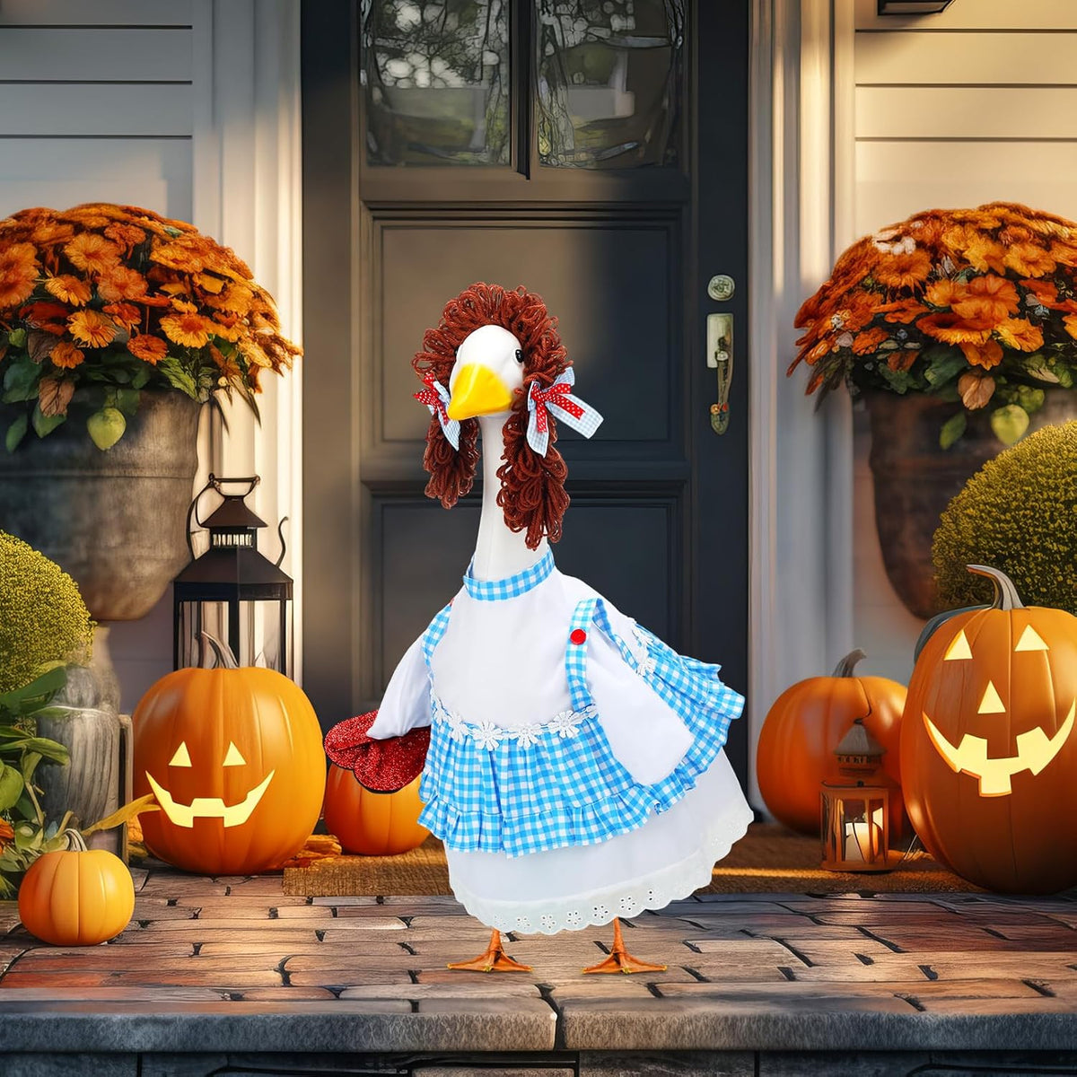 Abbylike Halloween Porch Goose Outfits Blue and White Gingham Wizard Dress Costume Porch Yard Goose Outfits Costume Clothes Fits Large 23'' Cement for Garden Yard Statue Pathway Decorations