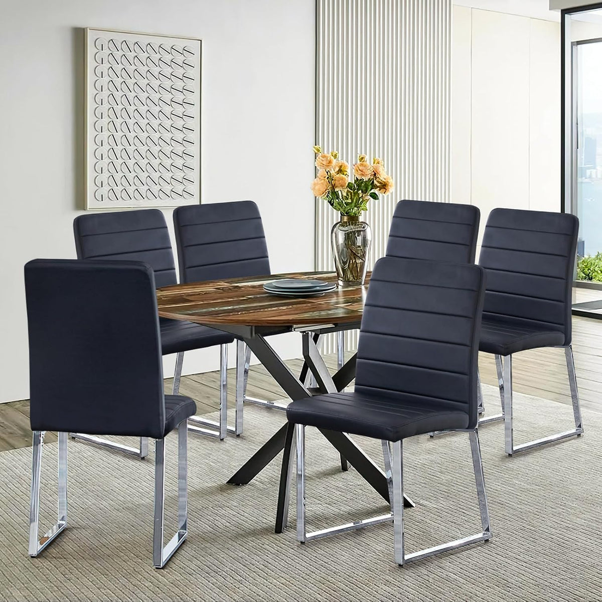 Modern Leather Dining Chairs, Set of 6 | Upholstered Padded Seats with Sturdy Metal Legs, Armless Kitchen & Dining Room Furniture for Home (Black, Set of 6)