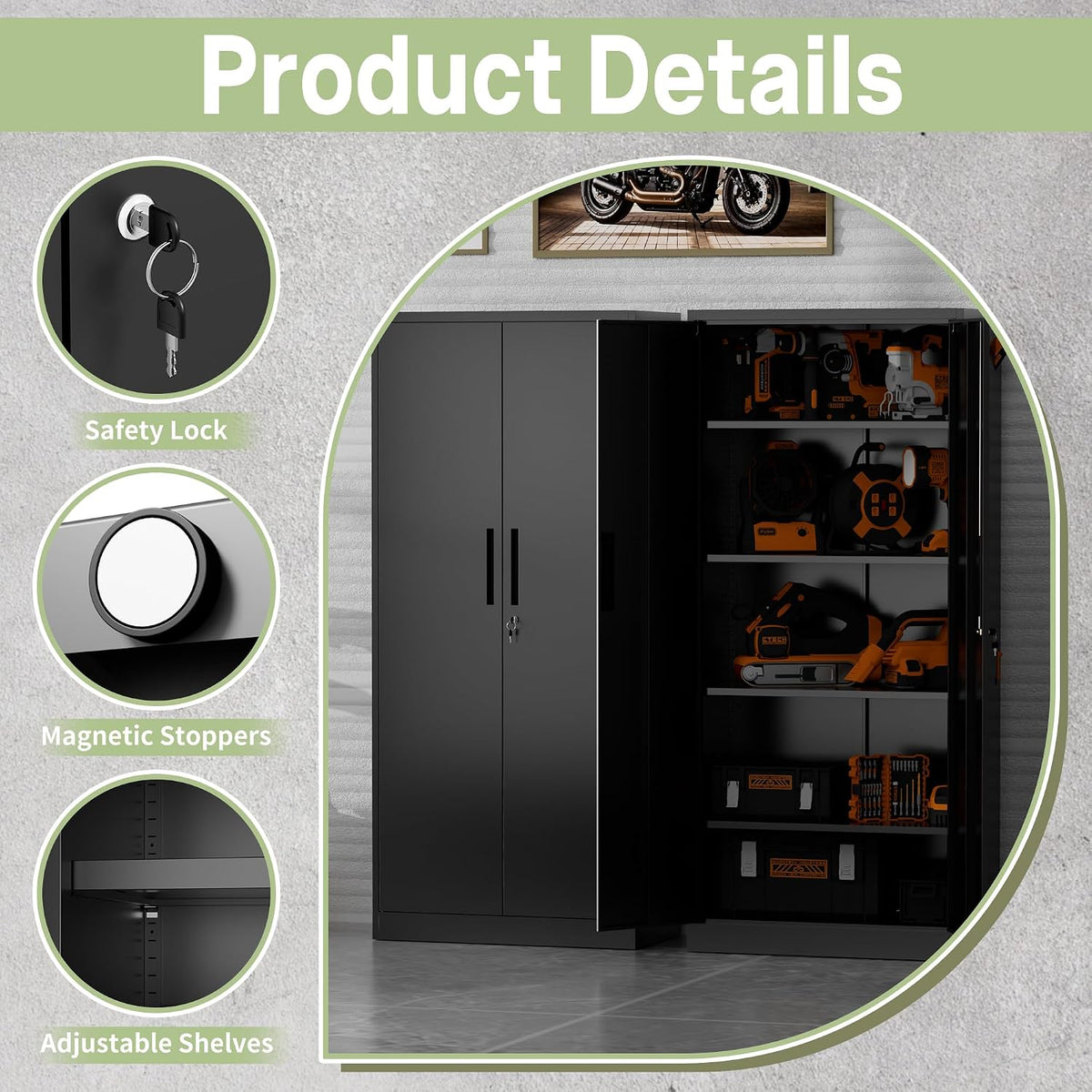 Metal Storage Cabinet, 71" H Garage Storage Cabinet with Doors and Adjustable Shelves, Heavy Duty Locking Tool Cabinet Utility Cabinets for Home Office, Garage, Warehouse, School (Black)