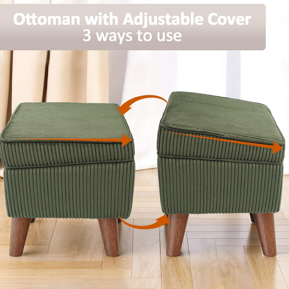 FAGAGA Storage Ottoman with Adjustable Lid, Corduroy Foot Rest | Soft Step Stool, Footrest and Seat, Big Ottoman for Living Room, Bedroom, Dorm, Green