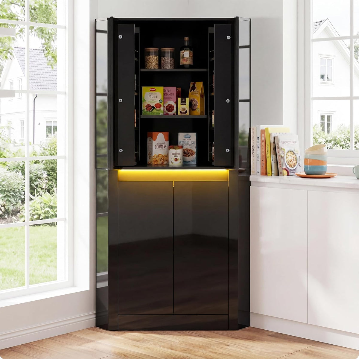 Anbuy 67'' Tall Pantry Cabinet with Led Light, Corner Pantry Cabinet with 4 High Gloss Doors and Adjustable Shelves, Space Saving Storage Cabinet for Food Hutch for Kitchen, Living Dining Room(Black)
