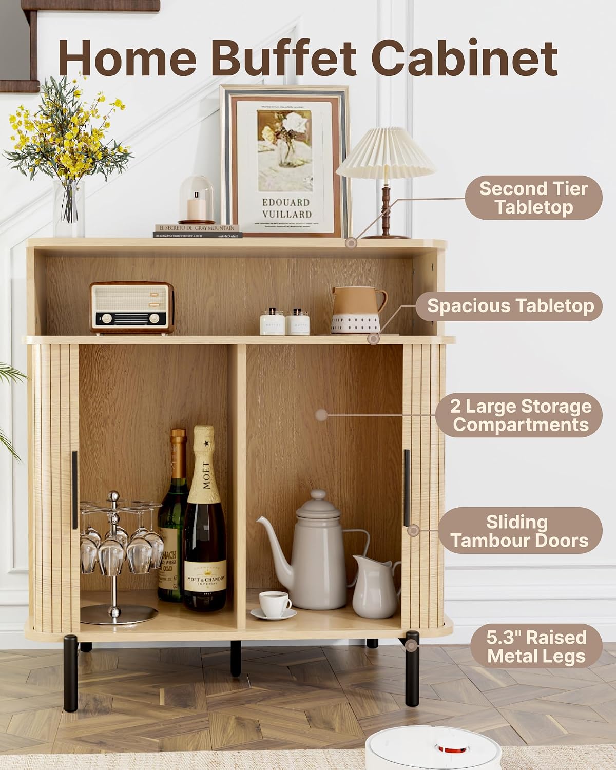 SUNCOZE Buffet Sideboard Cabinet with Big Storage Space, Fluted Coffee Bar Cabinet with Shelves, Modern Wood Console Cabinet for Kitchen, Entryway & Living Room (Wood)