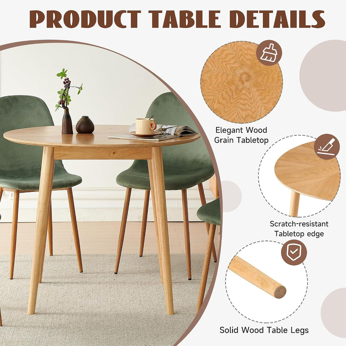 Small Oak Round Dining Table Set for 4, Modern 35'' Kitchen Coffee Table with 4 Green Velvet Dining Chairs for Dining Room Apartment
