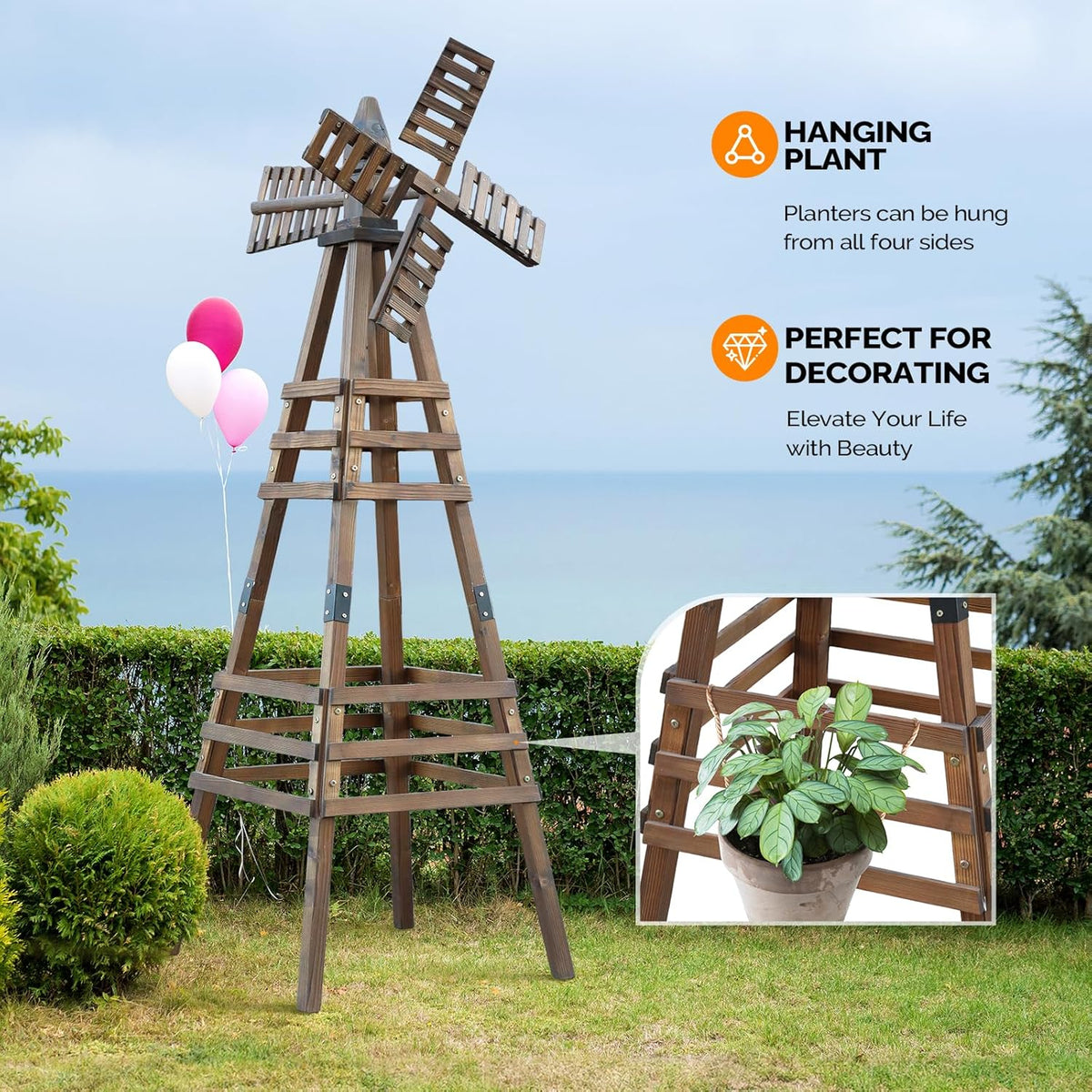 Wooden Windmill, Weather-Proof Wind Spinner, Outdoor Wind Mill for Garden Lawn Patio Decoration (Carbonized, Medium)