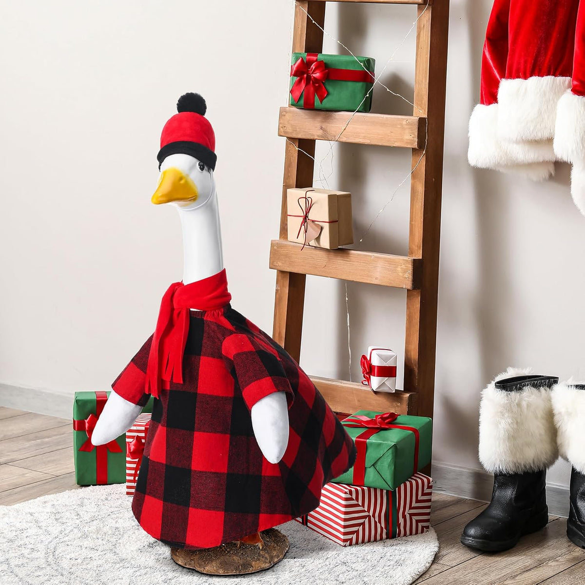 Christmas Red and Black Buffalo Plaid Goose Outfit Clothes for 23" High Cement or Plastic Goose Lawn Clothing Porch Garden Costume for Yard Outdoor Patio Statue Xmas Holiday Decor
