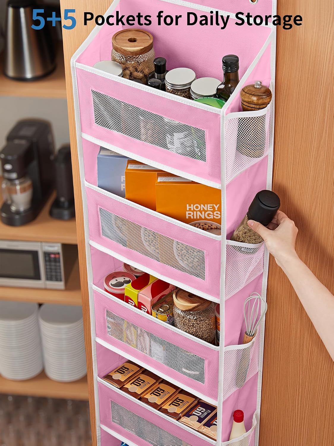 JARLINK Over the Door Organizer for Bedroom, Pantry, Bathroom, 5 Shelf Pink | Anti-Tilt Design, 44 lb Load Capacity, Hanging Door Organizer with 5 Large Capacity Pockets, Behind Door Storage for Nursery