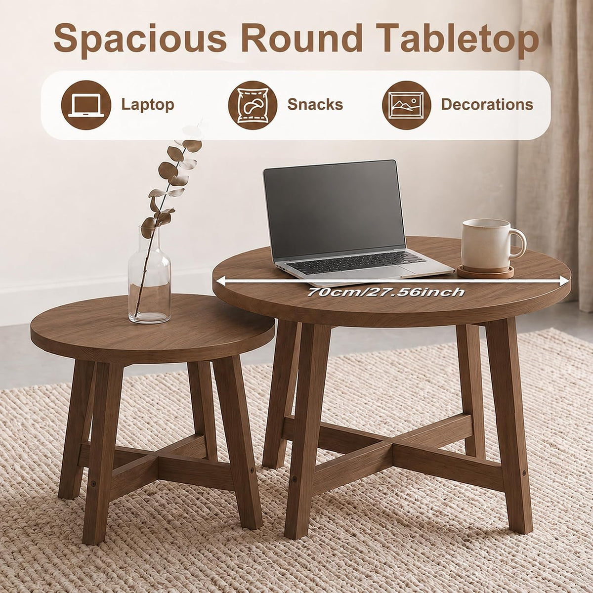 47.2" Round Nesting Coffee Table Set of 2 Walnut Wood Grain Center Tables | Space-Saving Stackable Design | Reinforced X-Cross Support Structure | Waterproof Scratch-Resistant Surface Finish