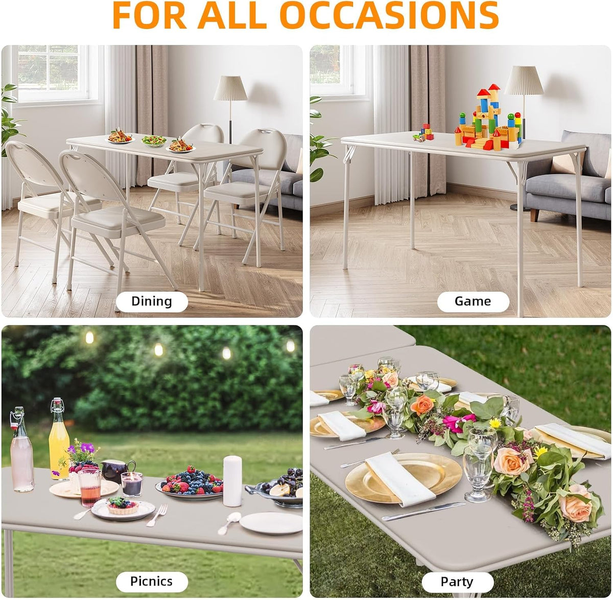 GAOMON Folding Table 4 Foot with Upholstered PU Leather Tabletop, Heavy Duty Metal Legs, Collapsible Design & Shelf Bracket, No Assembly Required, Indoor Outdoor Use, Beige