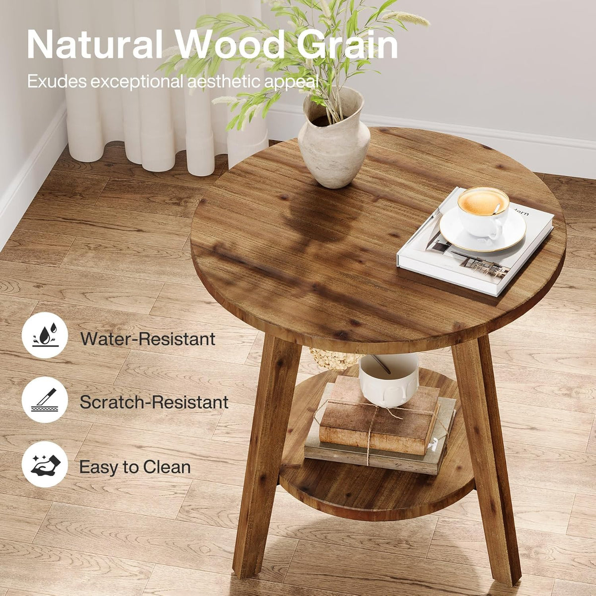 Solid Wood Round End Table, Sofa Side Table with Storage Shelf, Farmhouse Nightstand for Living Room, Bedroom, Easy Assembly (1)