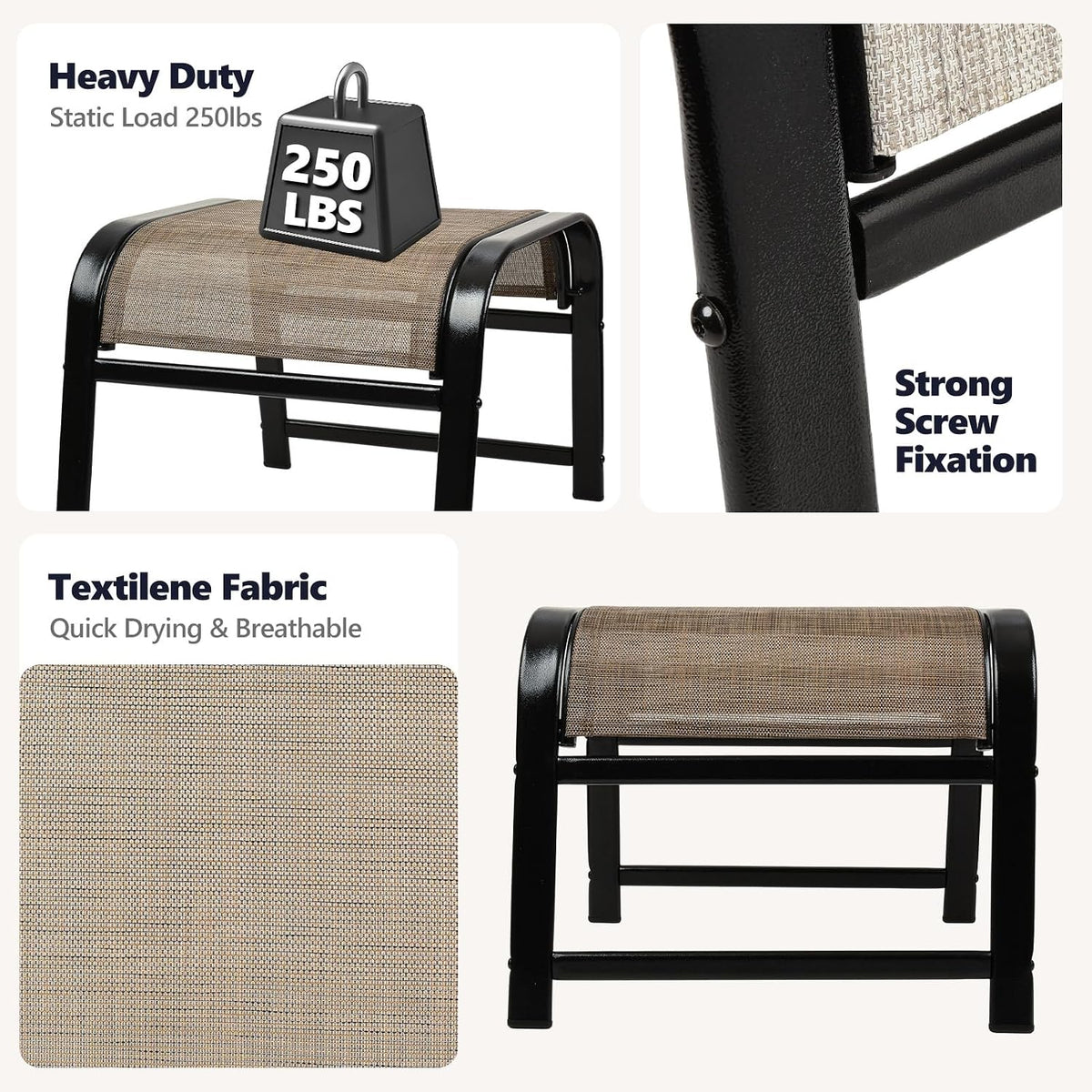 Outdoor Ottoman Patio Footstool 2 Set Modern Breathable Metal Frame Foot Rest Brown