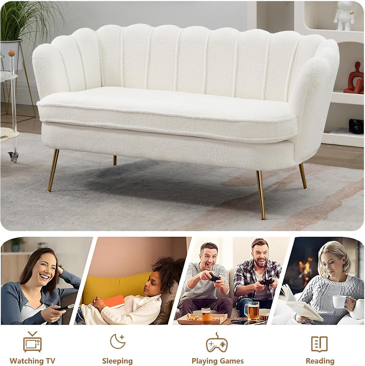 59" Small Loveseat Sofa 2-Seater, Modern Chenille Couch with Gold Metal Legs & Floral Backrest, Compact Apartment Sofa for Living Room, Bedroom, Office, Dorm (Boucle, Ivory)