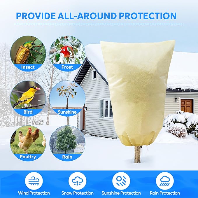 MIXC Plant Covers Freeze Protection, 31.4''×39.3'' Winter Cold Weather Frost Blankets Shrub Jacket with Drawstring Reusable Frost Protection Cloth for Outdoor Plants Fruit Tree Potted (2 Pack)