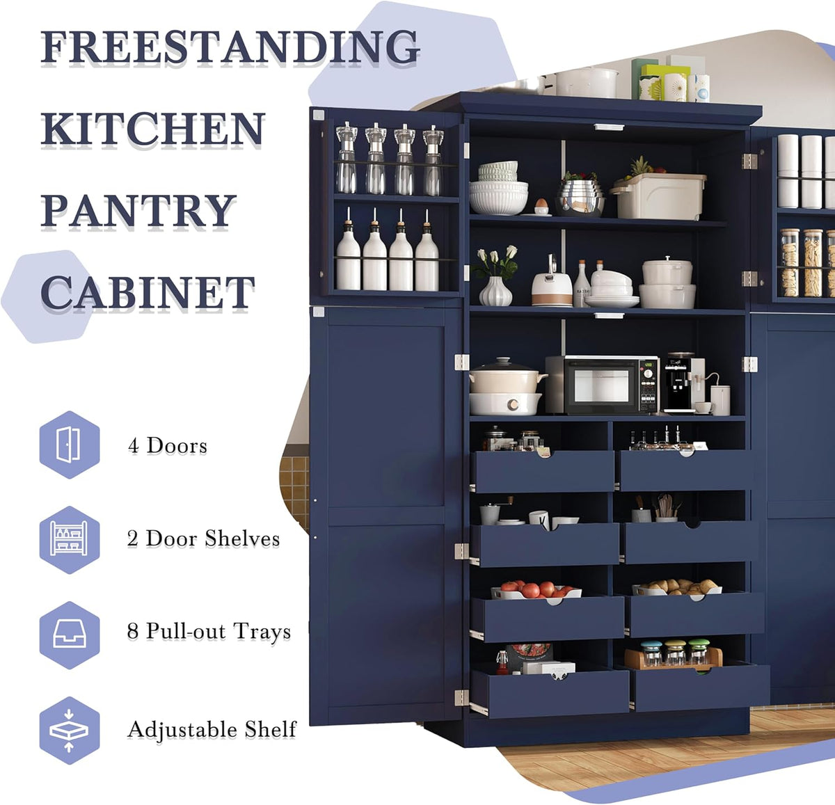 roomfitters 71 Inch Freestanding Kitchen Pantry with 8 Pull-Out Trays and Door Shelves, Shaker Cabinet, Blue