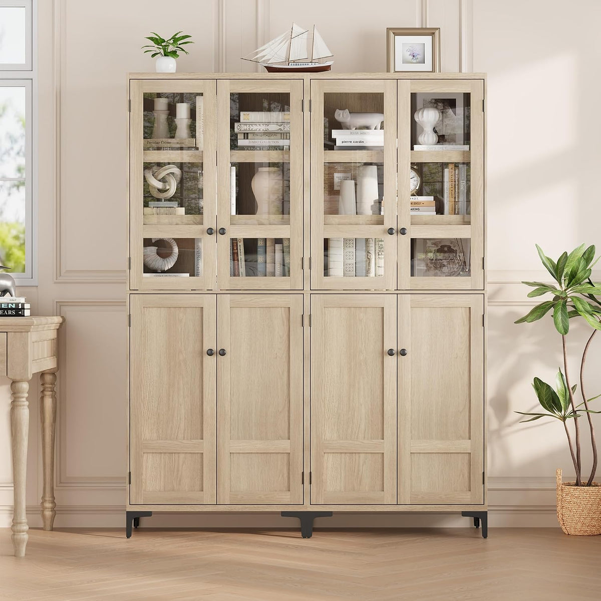GarveeHome 71 in Tall Storage Cabinet, Kitchen Pantry Cabinet 5 Tier Bathroom Cabinet with 4 Doors Adjustable Shelves for Kitchen, Dining Room, Bathroom (Pear Wood, Glass with 4 Doors)