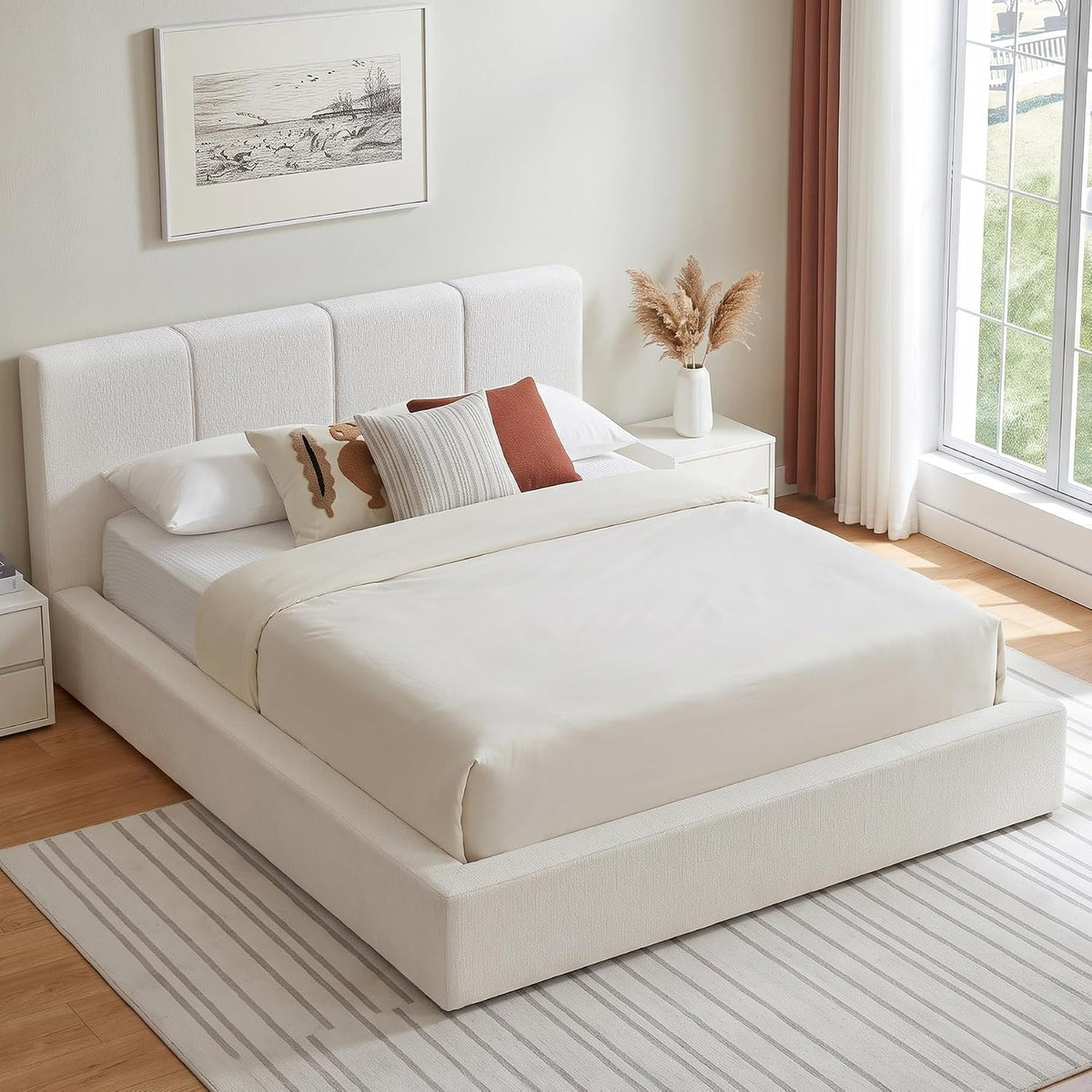 Queen Upholstered Bed Frame w/ Channel Headboard, Cloud Platform Bed Frame