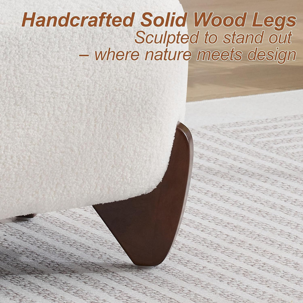 WUTUTUEE 28.7" Sherpa Boucle Ottoman with Solid Wood Legs, Modern Upholstered Footstool, Comfy Ottoman for Living Room, Bedroom, White