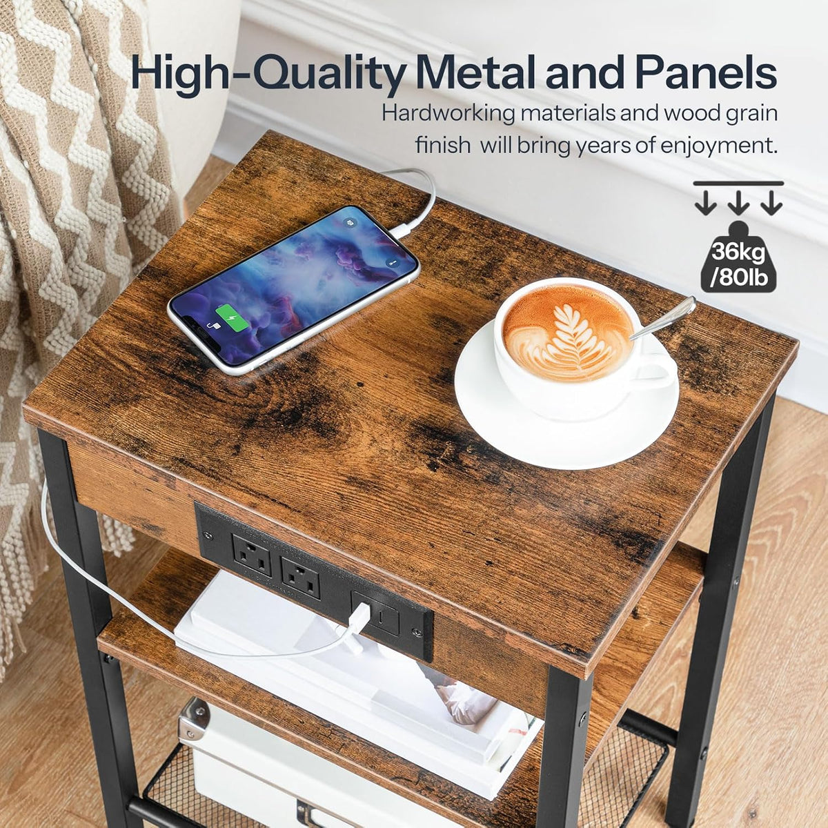 HOOBRO Side Table with Charging Station and USB Port, Small End Table for Small Space, 3-Tier Nightstand with Adjustable Shelf, for Living Room, Bedroom, Rustic Brown BF112BZ01