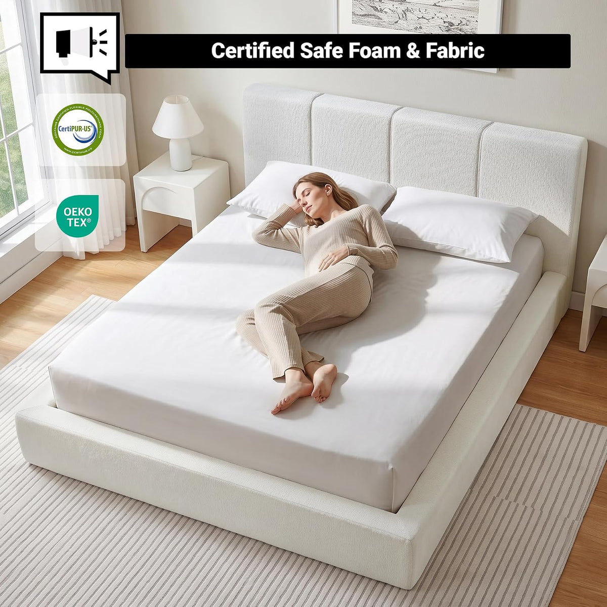 Queen Upholstered Bed Frame w/ Channel Headboard, Cloud Platform Bed Frame