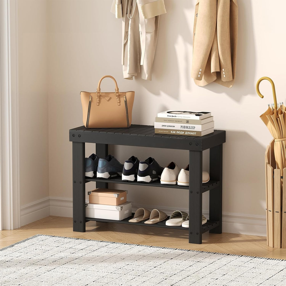 NEWBULIG Shoe Rack Bench, 3-Tier Bamboo Shoe Organizer, Wooden Entryway Storage Bench, 286 lb Load Capacity, 11.2x27.6x17.9 Inches, for Entryway Bathroom Bedroom Balcony, Black