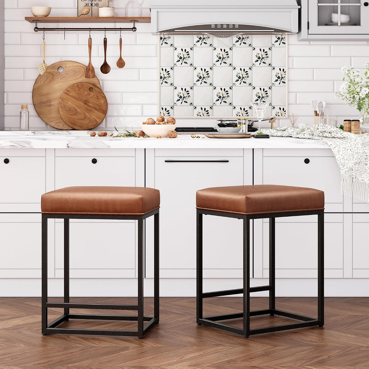 ALPHA HOME 24 Inch Counter Height Bar Stools Set of 3, Brown | Modern Barstools, Metal Bar Stool for Kitchen Island, Faux Leather Countertop Stools