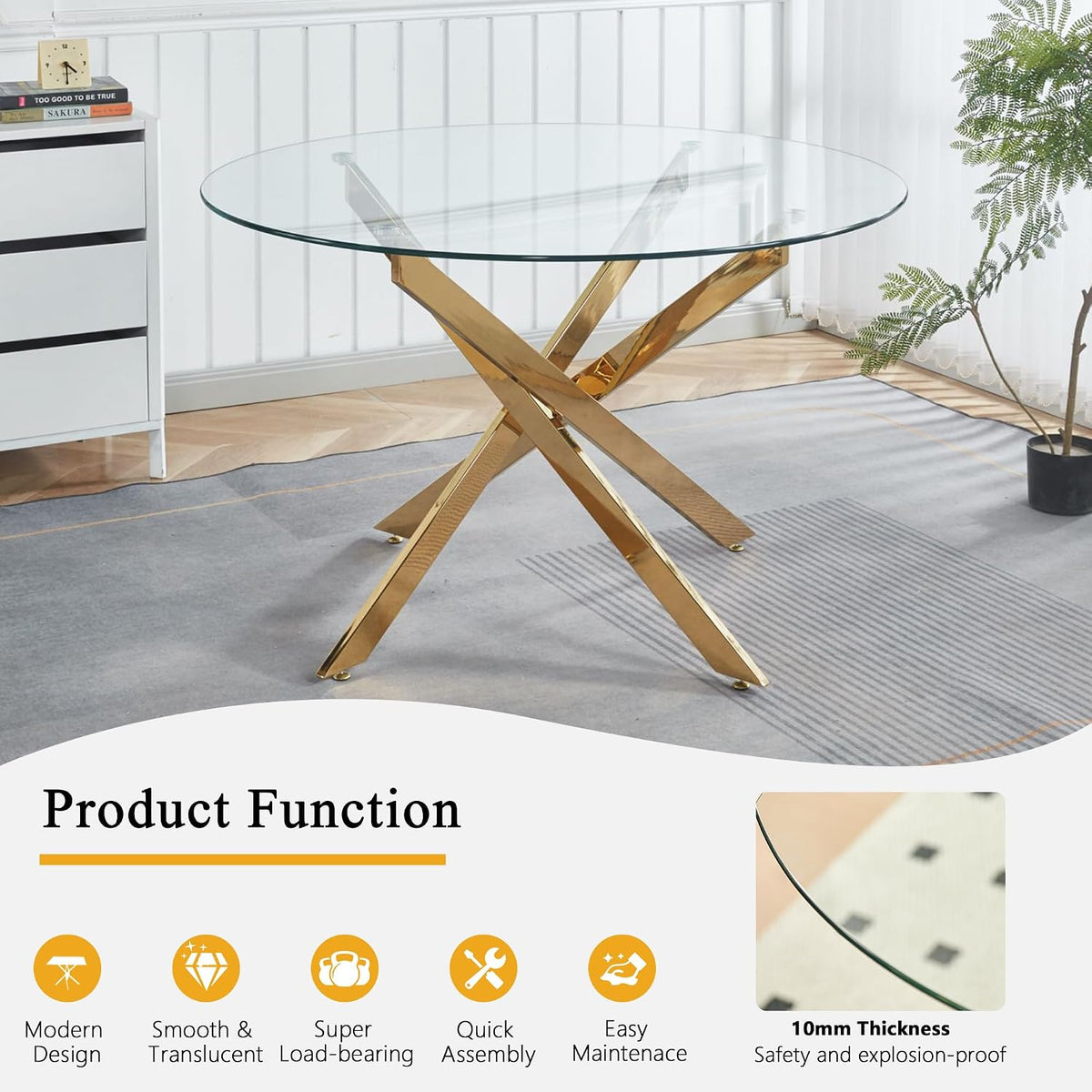 Round Glass Dining Table Set for 4, Small Kitchen Table Set for 4, 47" Circle Glass Dinner Table and Grey Velvet Chairs Set of 4,5 Piece Round Dining Room Table Set for Dinette Breakfast Cafe Party