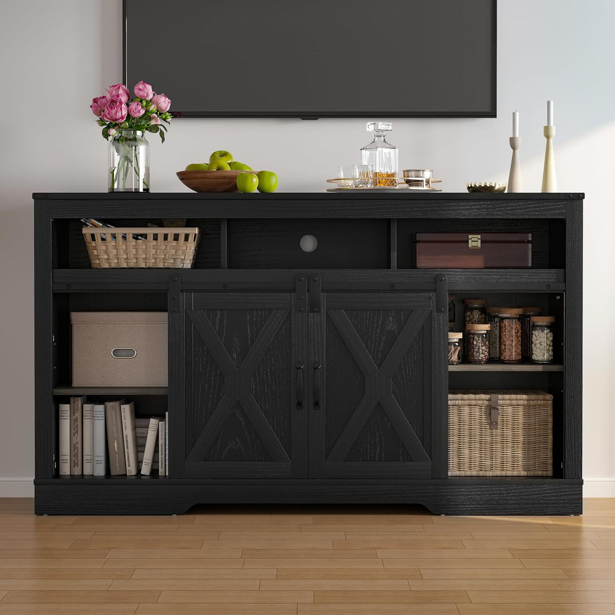 FansaFurn Farmhouse TV Stand for 65+ Inch TV | 34" Entertainment Center with Sliding Barn Doors, Rustic Wood Storage Cabinet for Living Room, Bedroom, Black