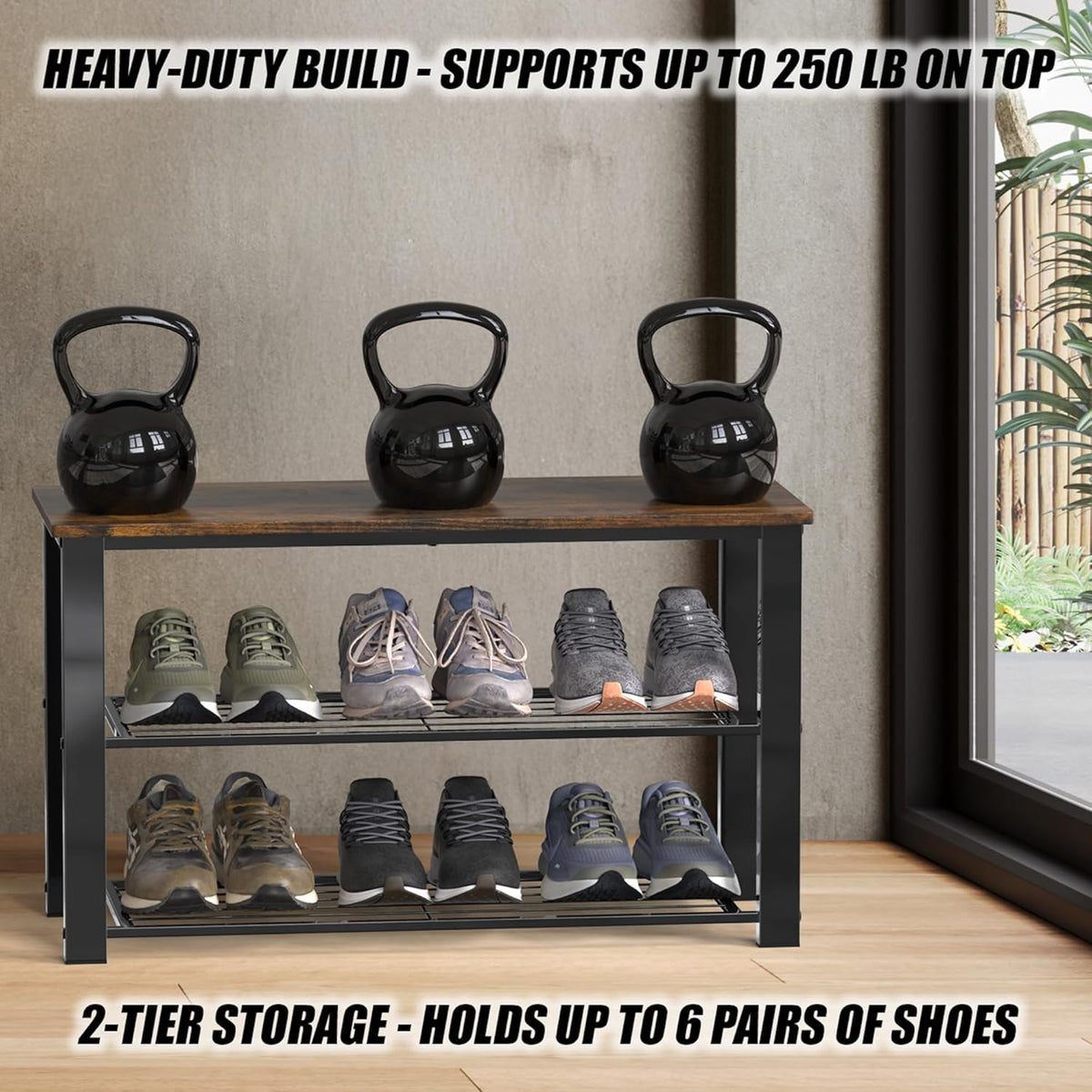 Simple Houseware Wood Top Shoe Storage Bench for Entryway, Rustic Brown
