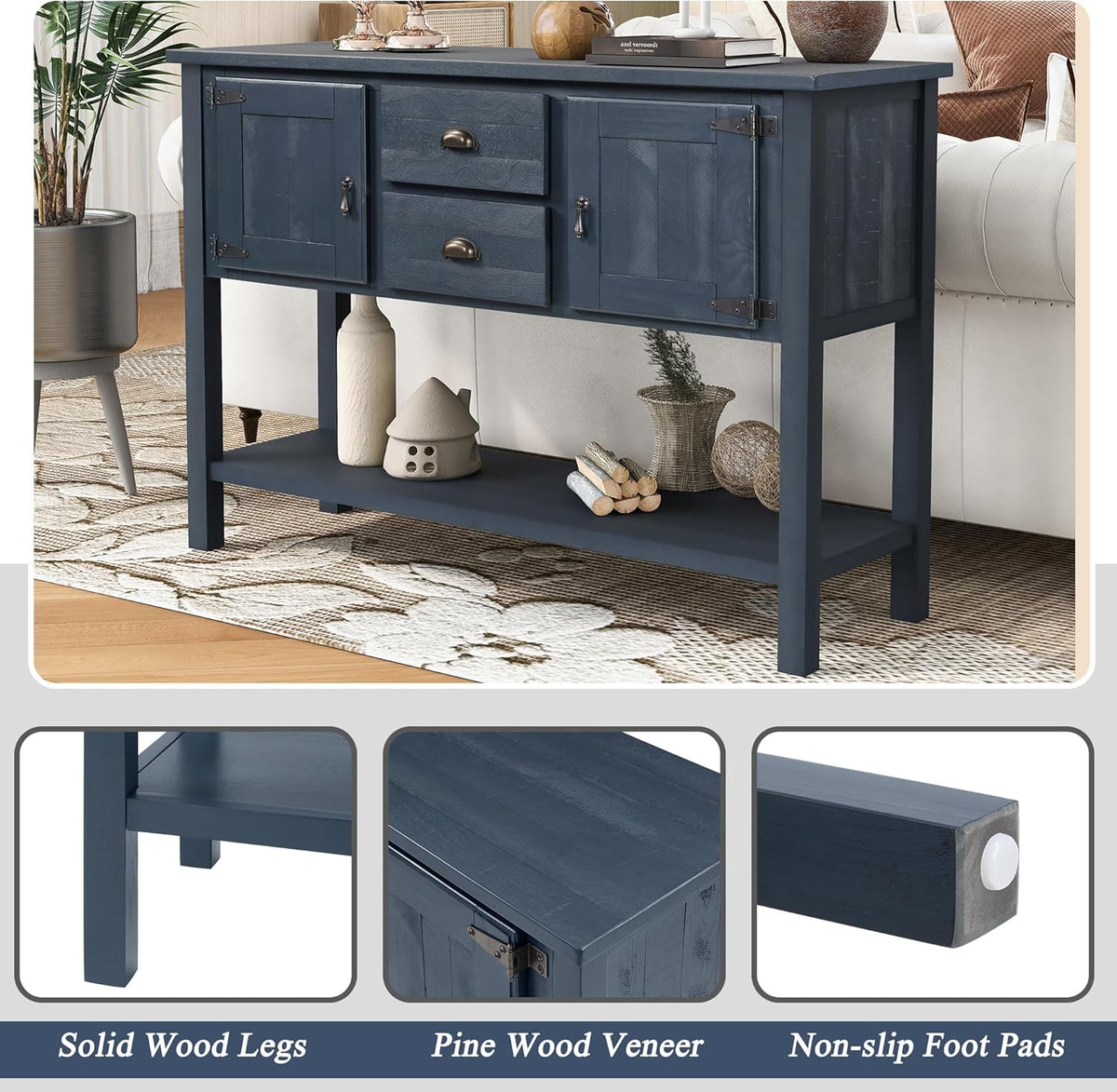 LKTART Solid Wood Farmhouse Console Table,Sofa Table with Storage Drawers and Shelves,Entryway Table for Entry Hallway Foyer Sofa Side Table,EasyAssembled (48" Navy Blue)