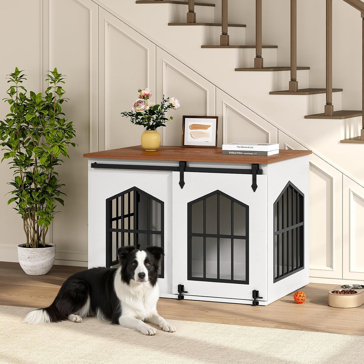 MAHANCRIS Farmhouse Nightstand and Dog Crate Furniture Bundle, End Table with Barn Door, Wooden Dog Cage for Small Medium Dogs, Side Table for Bedroom, Living Room, ET155-DCBA9601