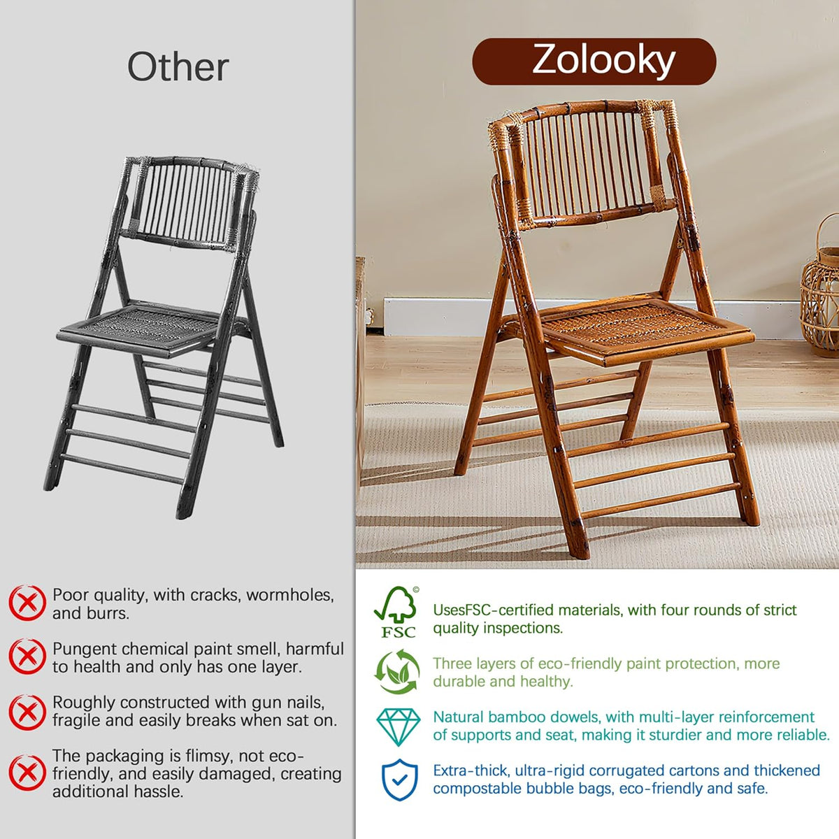 2 Pack Certified Bamboo Folding Chair, Completely Upgraded Foldable Vintage Dining Chair with 330lb Handcrafted for Living Room Patio Garden Balcony Indoor/Outdoor (, Antique Brown)