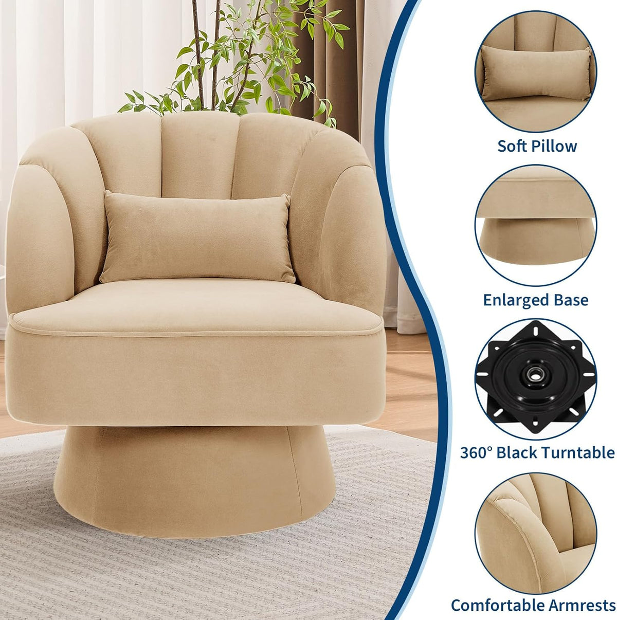 GarveeHome Modern 360° Swivel Velvet Barrel Accent Armchair – Striped Backrest & Plush Padding, Comfy Round Lounge Chair for Living Room, Bedroom, Reading Nook