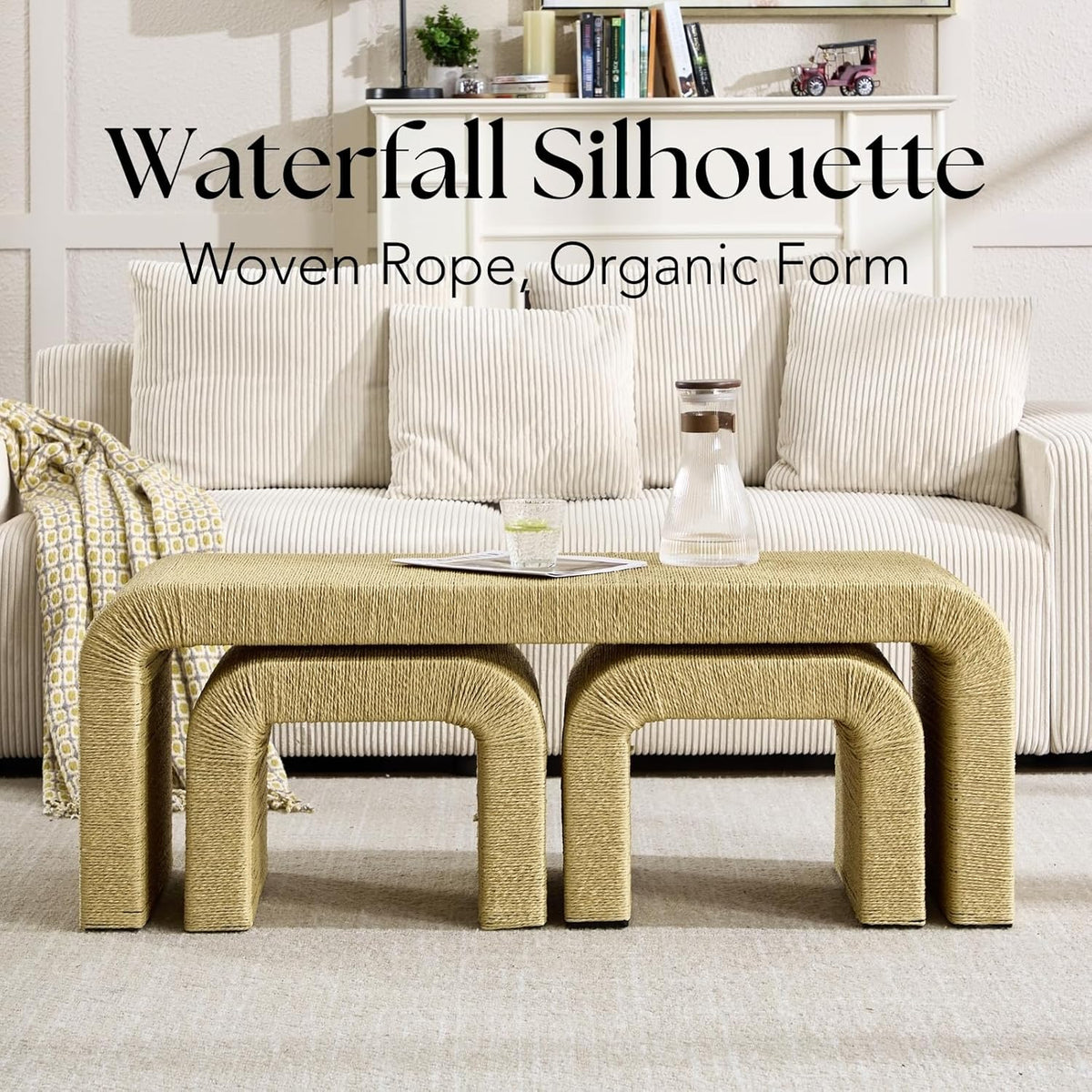 LZAREAL 3-Piece Nesting Woven Rope Coffee Table Set, 47" Boho Waterfall Living Room Table with 2 Stools Underneath, Modern Coastal Center Table Tea Table, Natural
