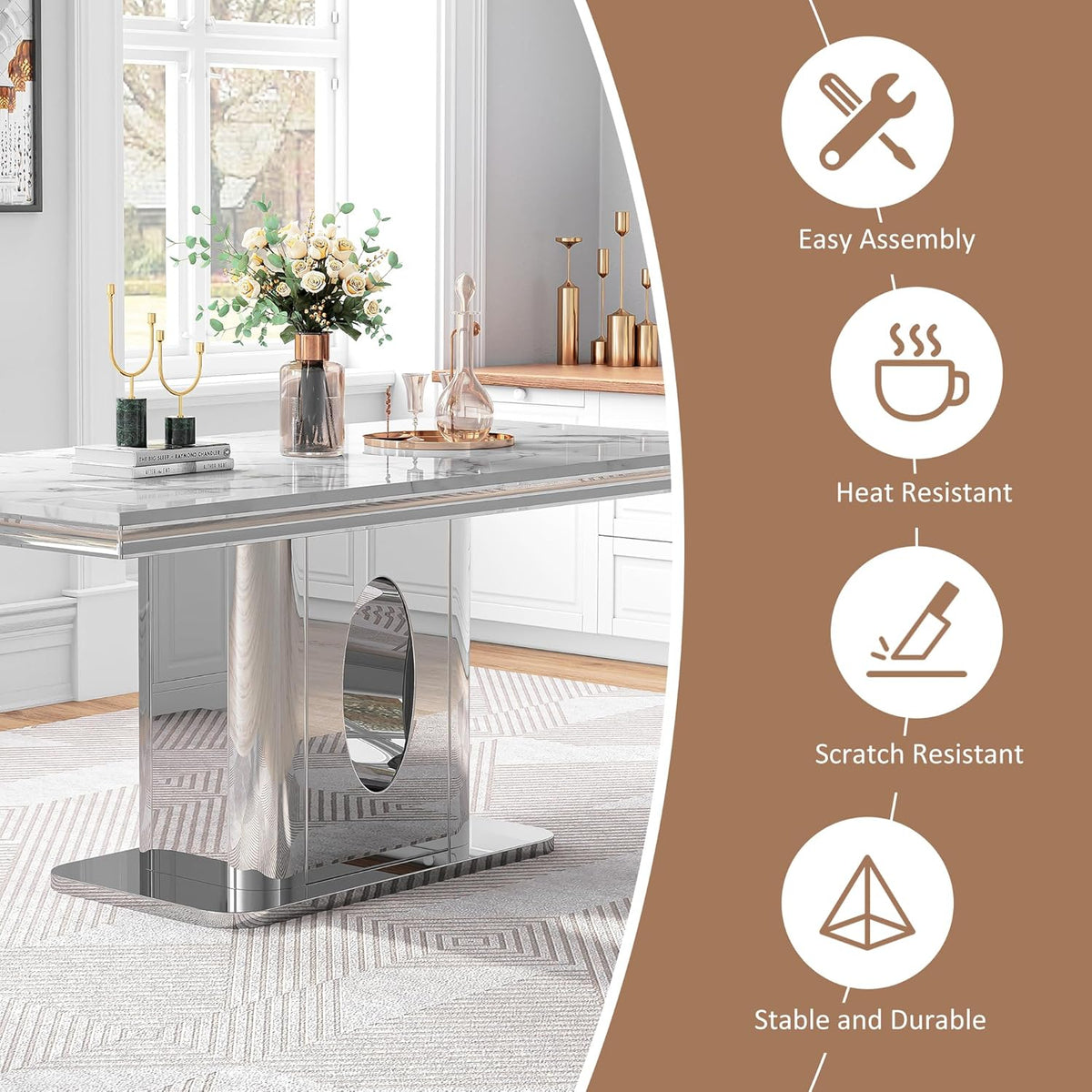 AF ARTISAN FURNITURE 7 Piece White Marble Dining Table, 70'' Rectangle Faux Marble Kitchen Table Set for 6 with Silver Mirrored Finish Stainless Steel Chairs, Luxury Dining Room Table Set for 6
