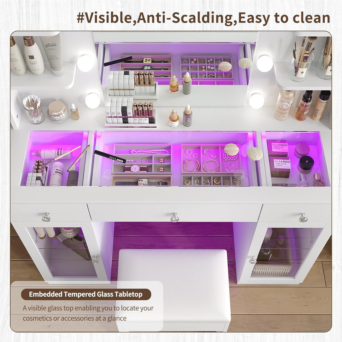 Yanosaku Makeup Vanity Desk with Mirror and Lights, RGB Lighted Vanity Desk with Power Outlet, 3 Drawers & 2 Large Tempered Cabinets, Fold-up Panel, Glass Top Vanity with Chair for Bedroom, White