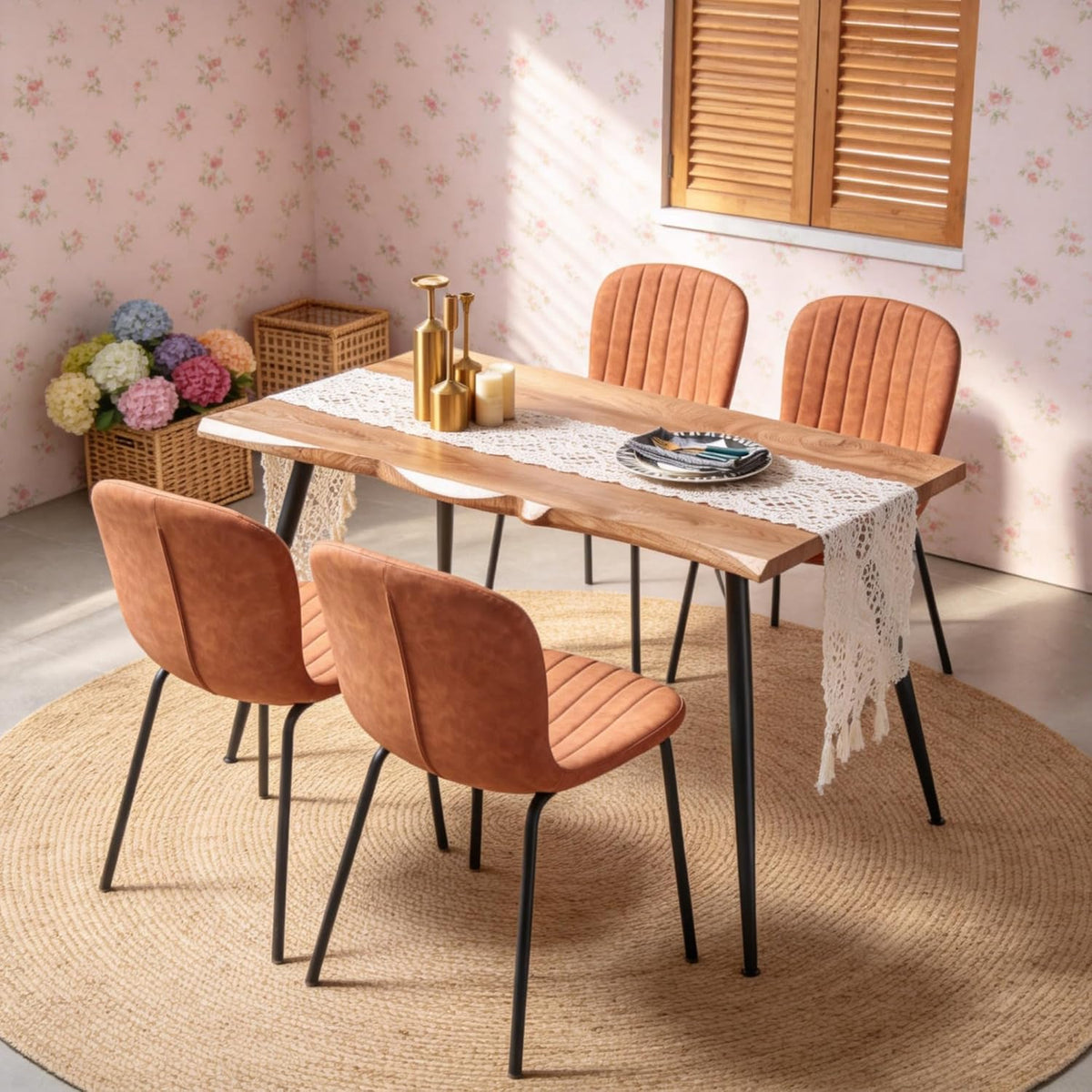 Dining Table Set for 4 with Brown PU Leather Chairs, Mid-Century Modern Rectangle Coffee Table,Kitchen Table and Chairs Set of 4, Perfect for Small Apartment, Home, Dining Room, Breakfast Nook
